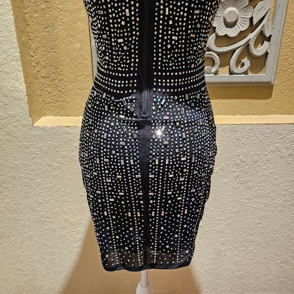 Windsor Heat XS Stone Rhinestone Bodycon Mini Dress Black Sleeveless Party Glam - Picture 9 of 14